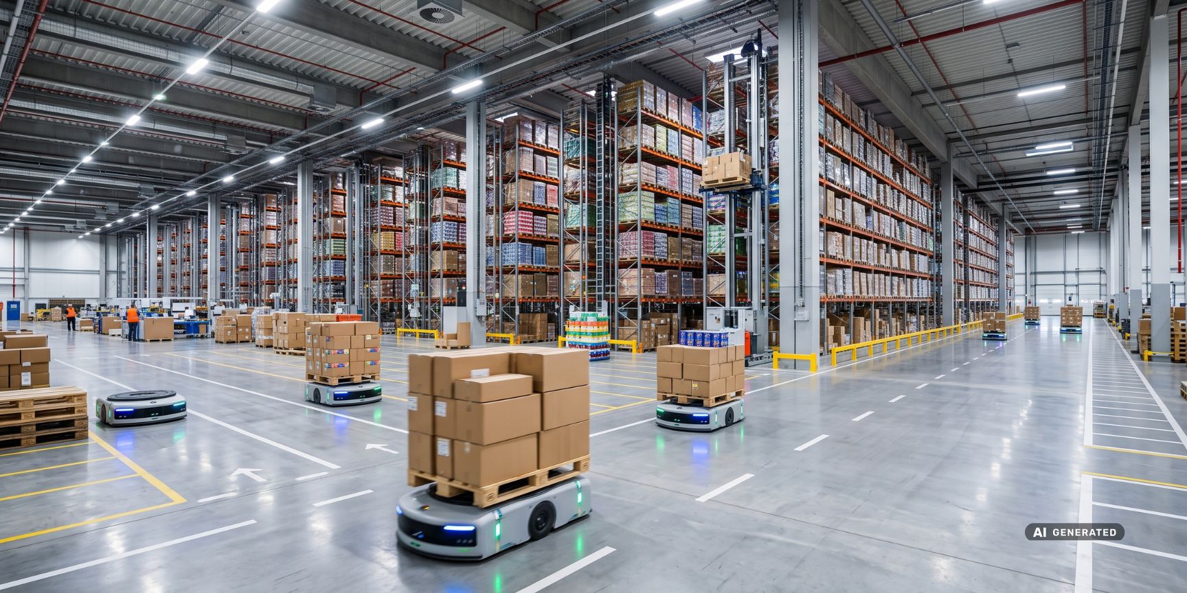 Interior view of a modern logistics property: Autonomous robots transport pallets. Shows fast intralogistics for perfect SLA fulfillment.